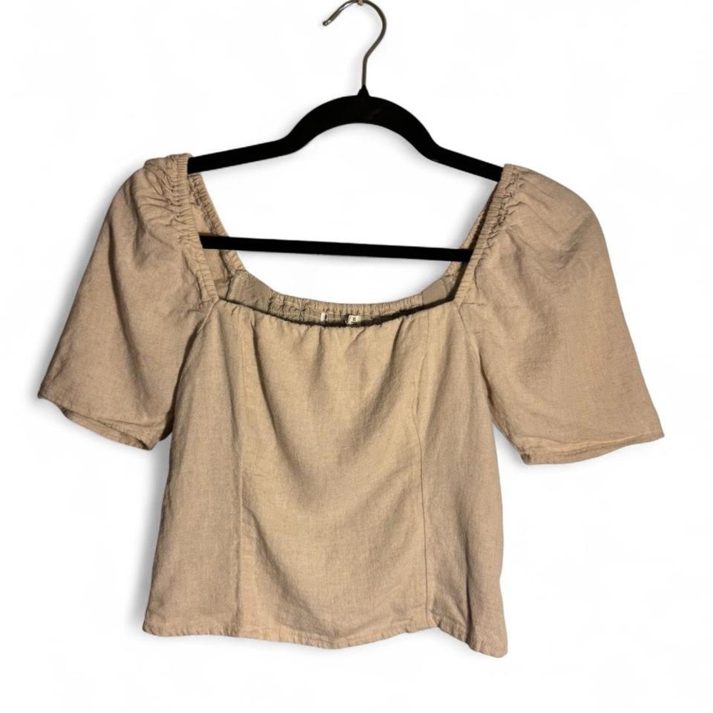Abercrombie & Fitch Linen-Blend Puff Sleeve Smocked Crop Top XS - Picture 2 of 8